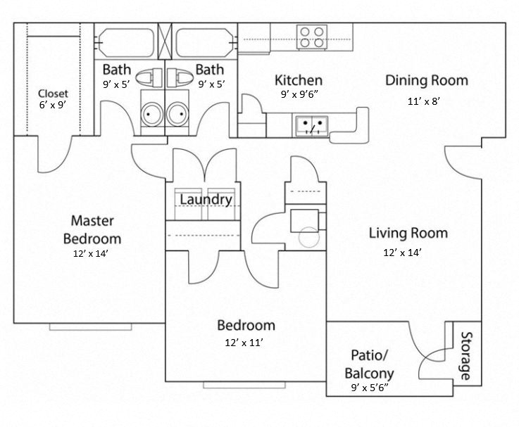 Floor plan for 2 beds, 2 baths, 1000 sqft